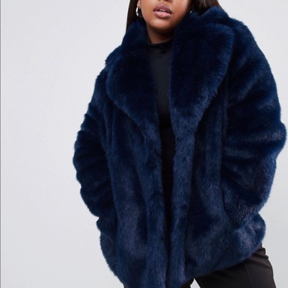 ASOS Curve Jackets & Blazers - Navy Faux Fur Coat with Collar